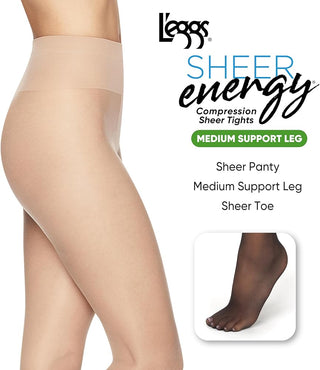 L'eggs Sheer Energy Control Top Sheer Toe Anti-Cellulite Pantyhose,Suntan/Jet Black/Nude Q,B